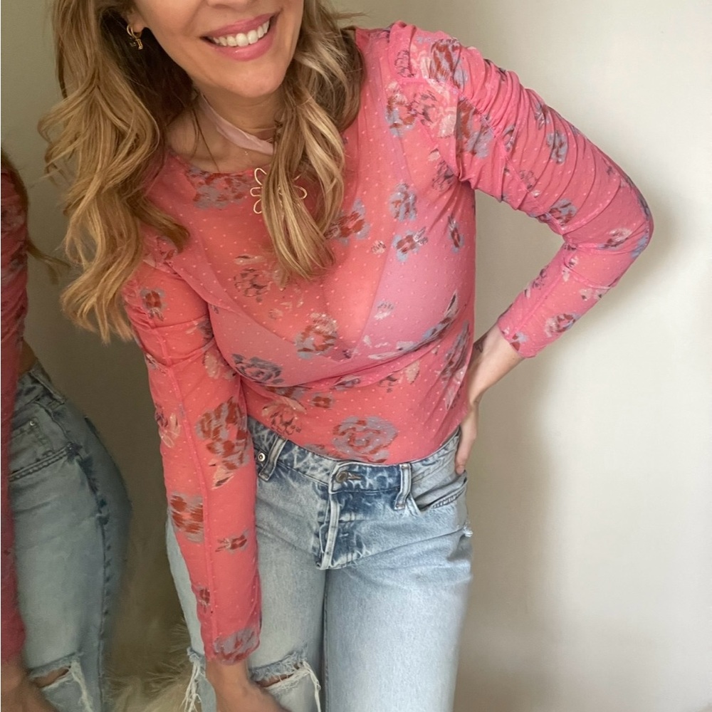 Free People Pink Floral Mesh Top